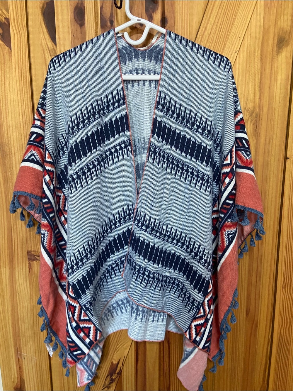Garage Blue and Rust Aztec Knit Poncho O/S